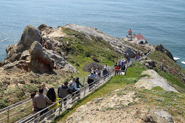 Visitors ascending and descending the over 300 steps leading down to the Point Reyes Lighthouse.