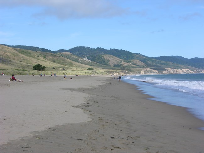 Many people sitting or walking on a long sandy beach with the ocean on the right and green hills rising in the distance.