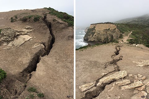 Side by side images of fissure that formed on top of Arch Rock in March 2015.