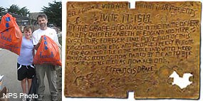 (Left) Beach Cleanup Volunteers with orange trash bags filled with litter. (Right) Replica of forged plate Sir Francis Drake is recorded to have left at site of his summer 1579 Nova Albion camp.