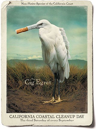 A California Coastal Cleanup Day poster featuring a white bird with long black legs and yellow feet with a cigarette butt where its beak should be.