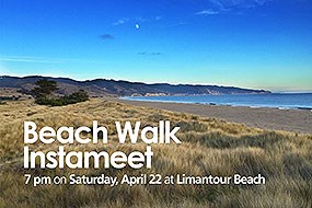 Sand dunes covered by beachgrass at Limantour Beach. Text reads: "Beach Walk Instameet. 7 pm on Saturday, April 22 at Limantour Beach."
