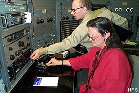 Radiotelegrapher Denise Stoops and Transmitter Chief Steve Hawes sending Morse messages on Night of Nights.