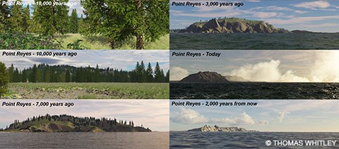 A composite image of six depictions of what the Point Reyes Headlands looked like in the past, at present, and in the future.