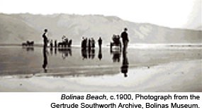 Several individuals standing on Bolinas Beach, c.1900. Historic photograph by Gertrude Southworth. Photo courtesy of the Gertrude Southworth Archive, Bolinas Museum.