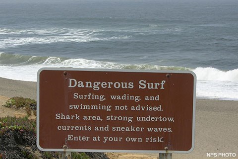 A brown sign warning of dangerous surft with large waves breaking on a sandy beach in the background.