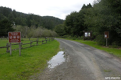 A wide gravel footpath/service road passes by trailhead signs. A low split-rail fence separates a grassy meadow on the left from the trail. Trees border the trail on the right.