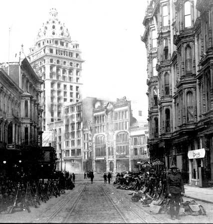 Soldiers rest in downtown San Francisco, 1906