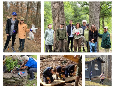 Photo collage of 5 photos showing volunteers picking up trash, planting a garden, repairing a footbridge, and cleaning a cabin