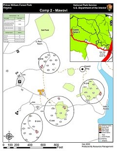 Map of roads, parking, lake, 4 cabin loops and directions to Cabin Camp 2