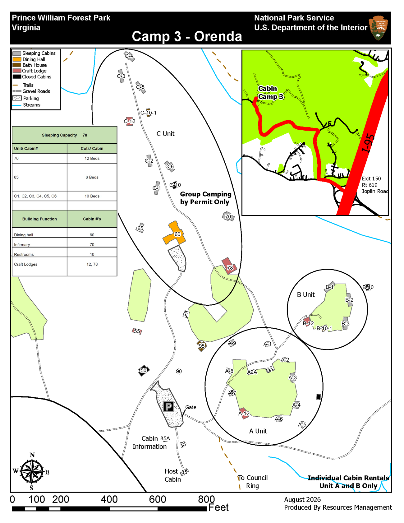 Map of the buildings, trails, parking area, and directions to get to Cabin Camp 3