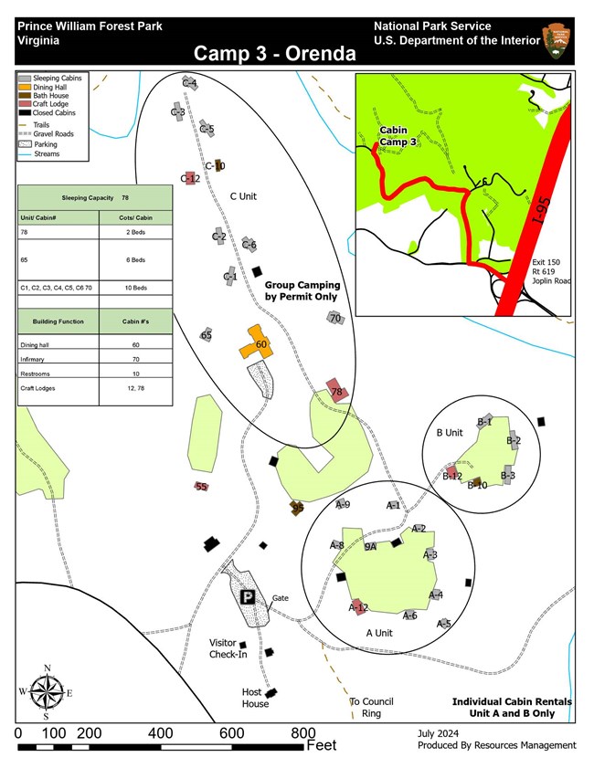 Map of the buildings, trails, parking area, and directions to get to Cabin Camp 3