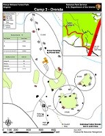 Map of the buildings, roads, grassy areas, and directions to get to Cabin Camp 3