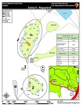 Map of Cabin Camp 5 buildings, roads, parking, fields, and lake access