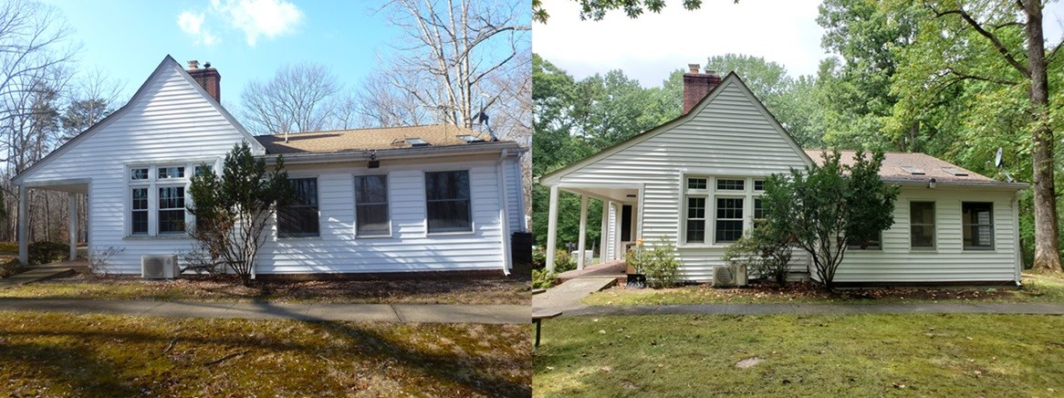 Two pictures of a white sided house in the forest - left picture pre-siding replacement, right picture post siding replacement