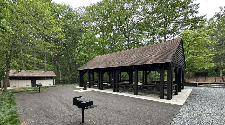 Grill on a paved surface near an open sided picnic pavilion in the forest