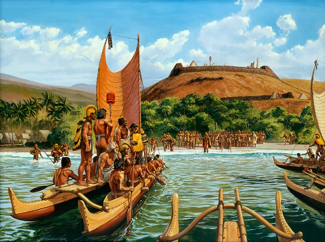 Herb Kane painting of Keoua approaching Puukohola Heiau