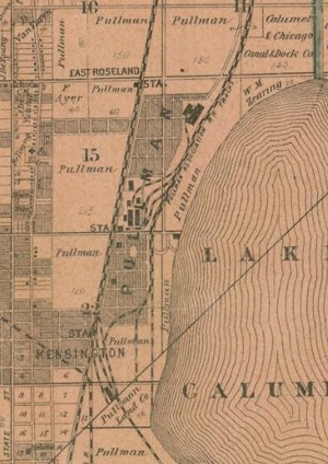 Sepia toned map showing the boundaries of Pullman, Lake Calumet to the East, and more Pullman bought land to the West.
