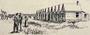 Illustration of workers standing in a field beside brickyard homes.