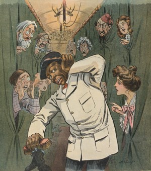 Colored Illustration of an African-American Pullman Porter holding his head while train passengers try to yell at him.