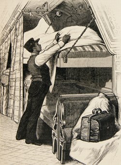 A sepia toned illustration of a black porter making the best for an upper berth in a train car.