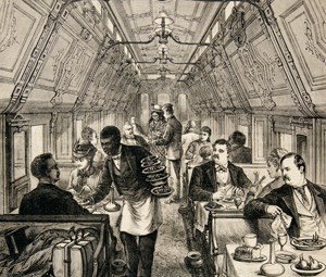 Drawing of a Pullman dining car with a black Pullman porter.