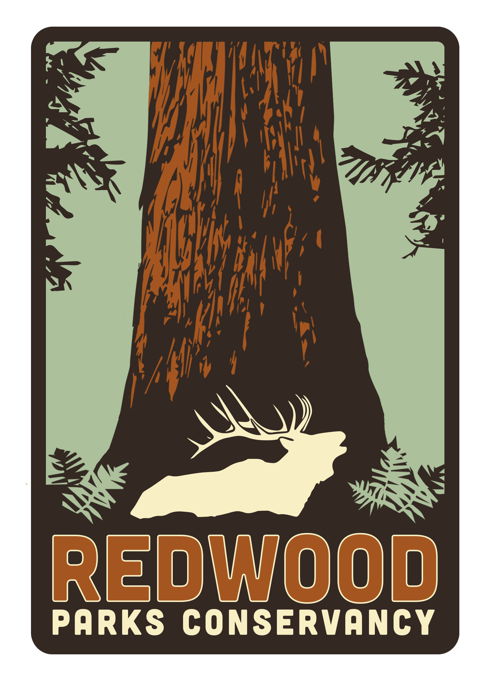 logo of redwood parks conservancy. A redwood tree, elk and text.