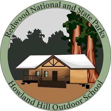 Logo, round. Inset image of cabin in the redwoods for learning. Text: Redwood National and State Parks, Howland Hill Outdoor School