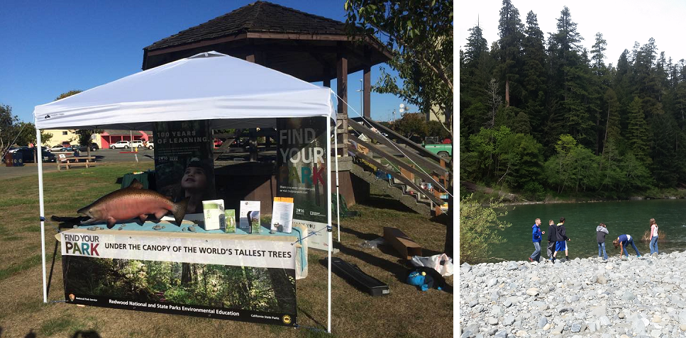 Left Image: HHOS information at community event.  Right Image: Children play next to river bank.