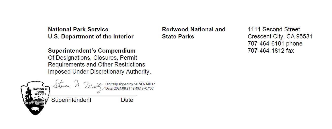 Redwoods National Park official heading and Superintendent's signature, signed by Steve Mietz on August 21, 2024