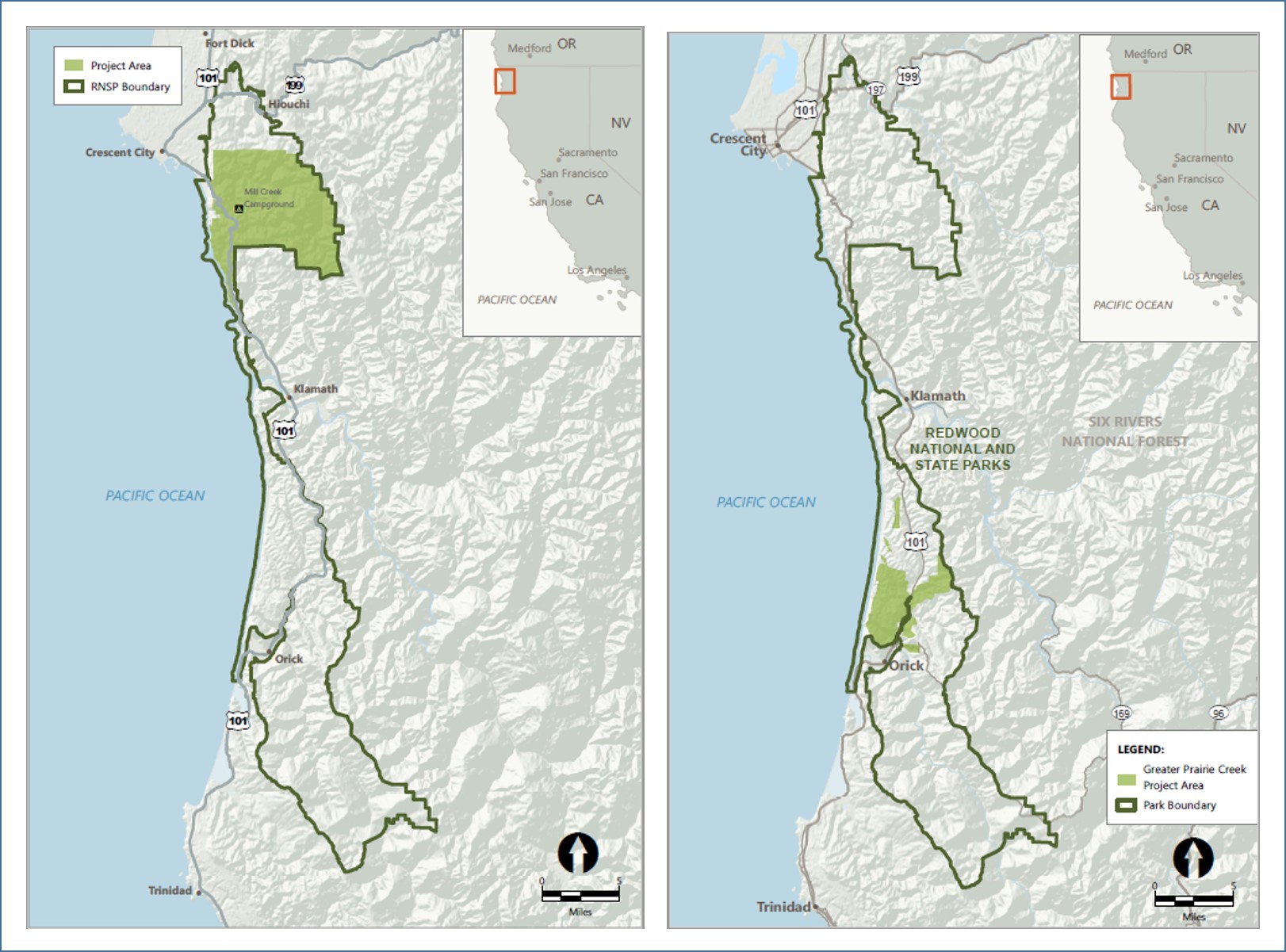 Side-by-side maps of locations of Redwoods Rising restoration areas.