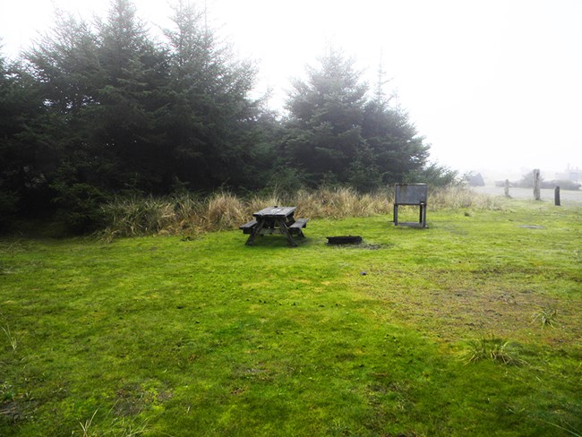 A grassy, open area with a picnic table and trees. Fog hides much of the distant view.