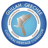 "Gullah Geechee Cultural Heritage Corridor, North Carolina, South Carolina, Georgia, Florida" written in a circle around an image of the states with the corridor outlined on the coast.