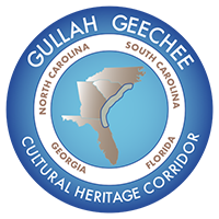 "Gullah Geechee Cultural Heritage Corridor, North Carolina, South Carolina, Georgia, Florida" written in a circle around an image of the states with the corridor outlined on the coast.