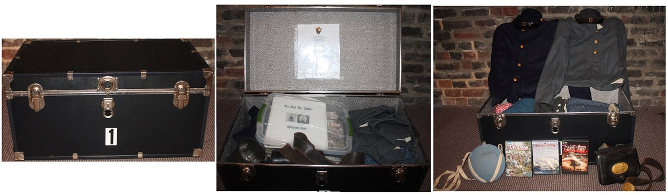 Side by side photos show a closed trunk and an open trunk filled with Civil War items, uniforms, and DVDs