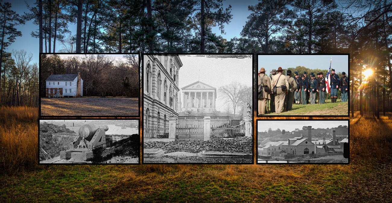 A collage of images featuring wooded battlefields, brick factory buildings, a neoclassical capitol building, and Civil War soldiers