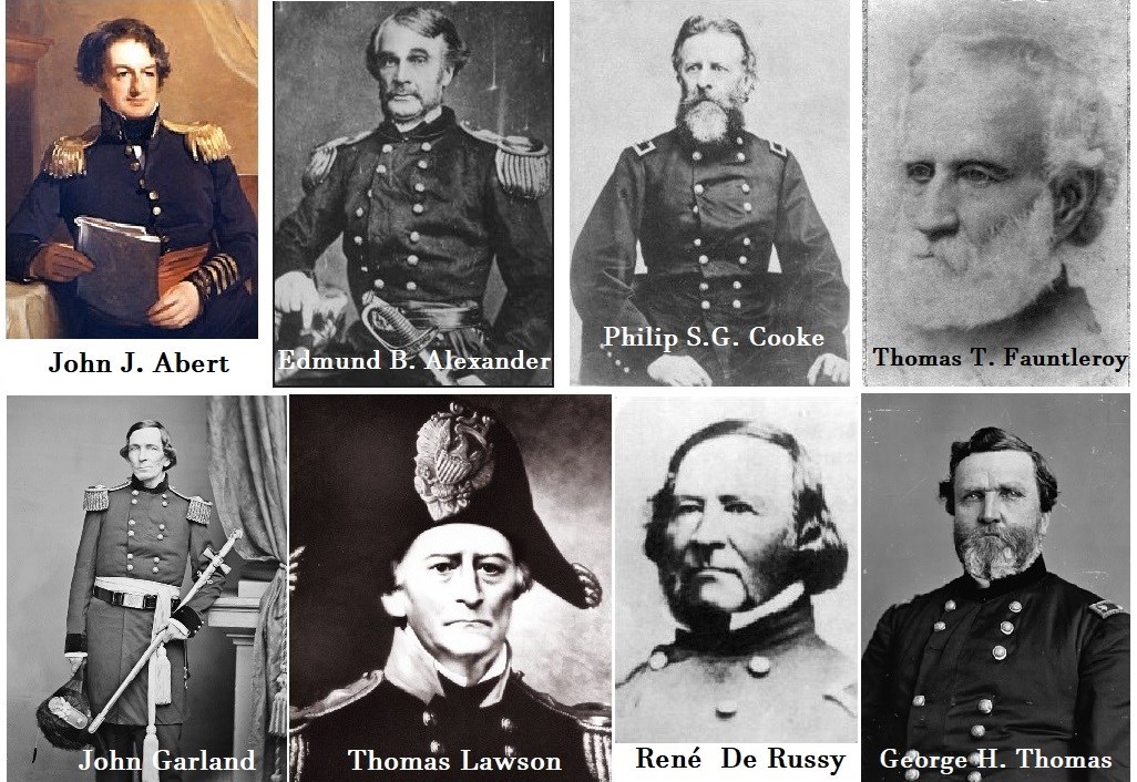 A collage of paintings and photographs of eight men in 19th-century U.S. Army uniforms