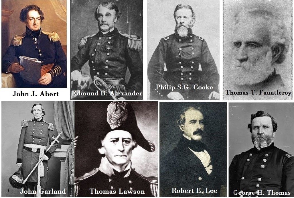 A collage of paintings and photographs of eight men in nineteenth-century U.S. Army uniforms.