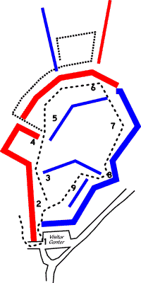 Line drawing of Fort Harrison with numbers for tour stops.