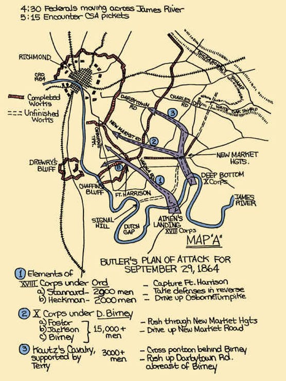 Map showing Butler's Plan of Attack on September 29, 1864 at New Market Heights.