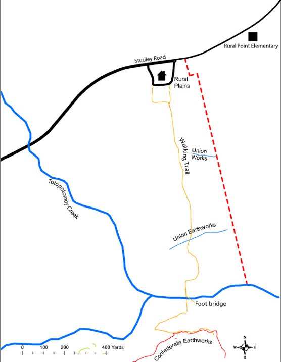 Color map of Totopotomoy Creek  battlefield showing park boundary, creek and earthworks