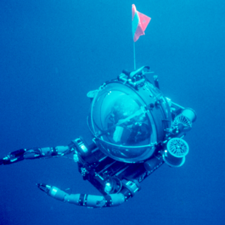 A submarine beneath the blue water of Crater Lake