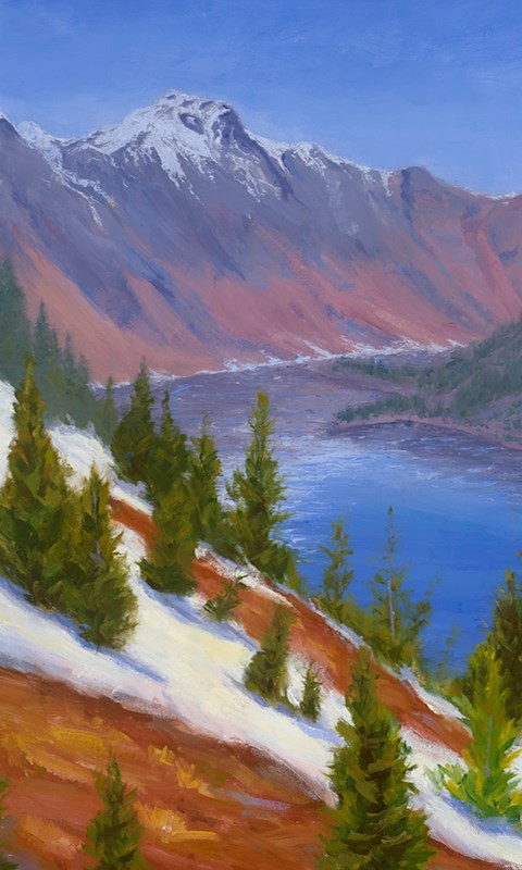 An oil painting depicting Crater Lake.