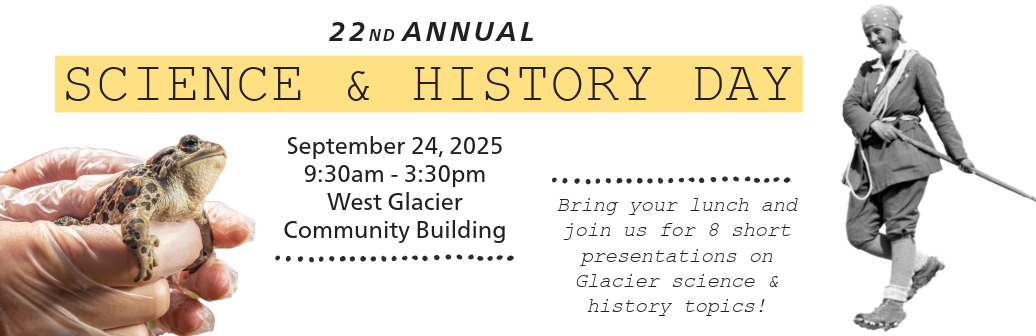 Header image showing a black-and-white archival photo of a woman hiker and a photo of gloved hands holding a toad, with text describing Science & History Day as an event with eight short presentations on science and history topics in the peace park.