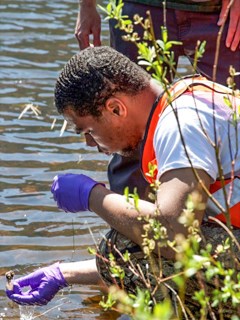 A young man lifts water sampling equipment from a river.