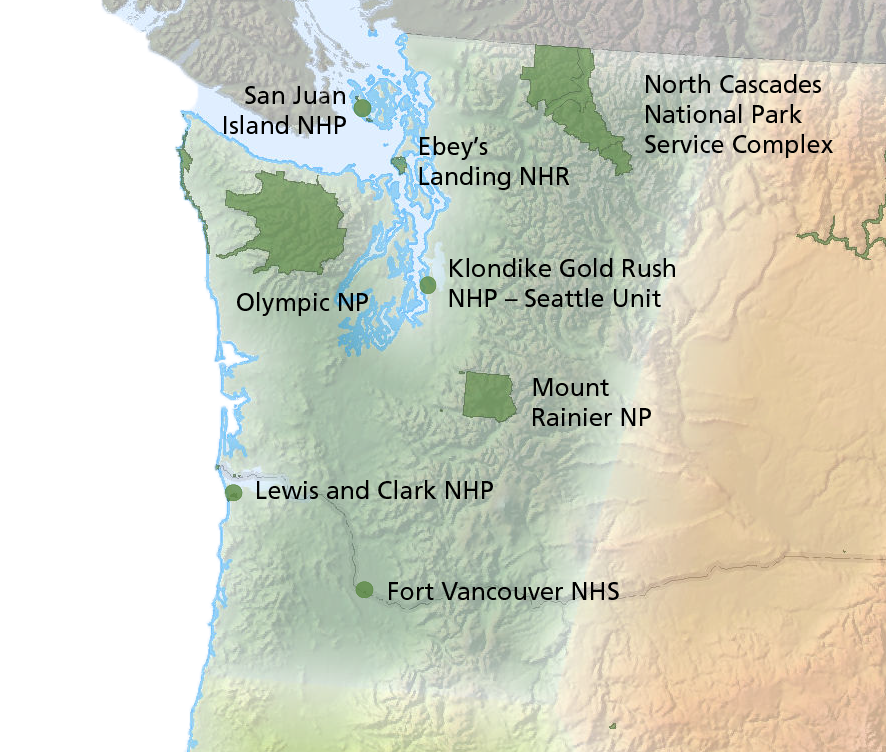 Map of the eight NPS sites of the North Coast & Cascades Network