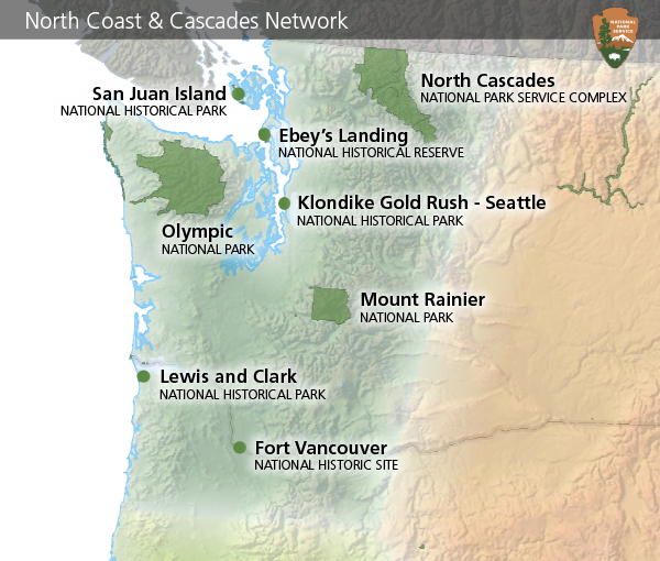 Map of the eight NPS sites of the North Coast & Cascades Network