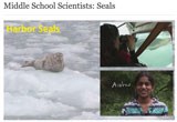 Still-frame of a video; three small photos of a student and seals.