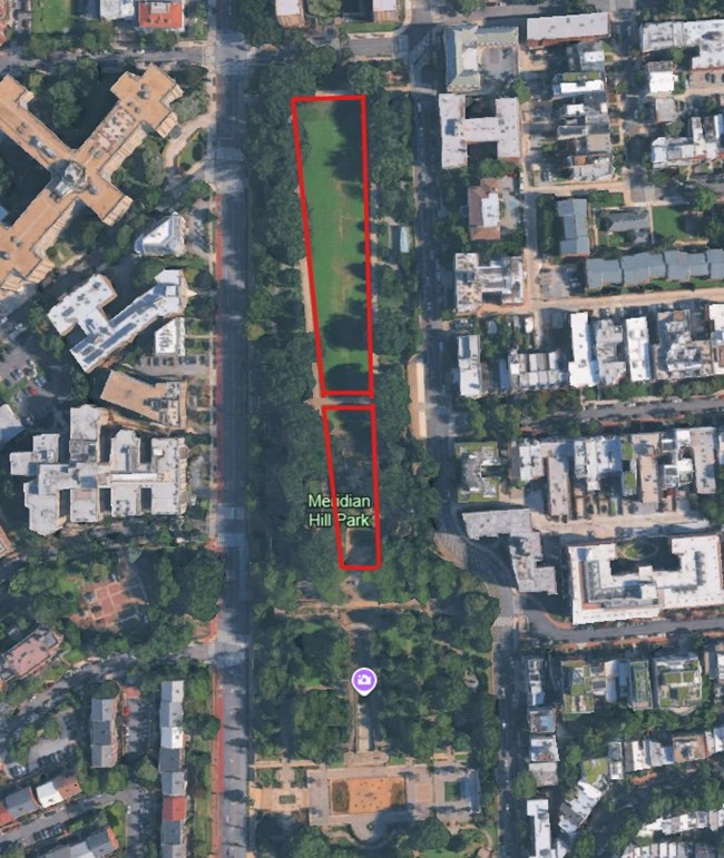 Map of Meridian Hill Park with red polygons identifying temporary closure area of the large grass panels in the upper level of the park.
