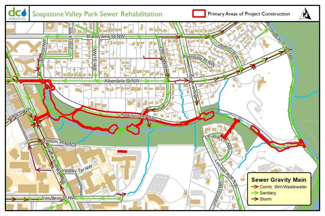 map showing primary areas of project construction